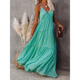 Leopard Sleeveless V-Neck Pleated Dress豹纹无袖V领碎褶连衣裙