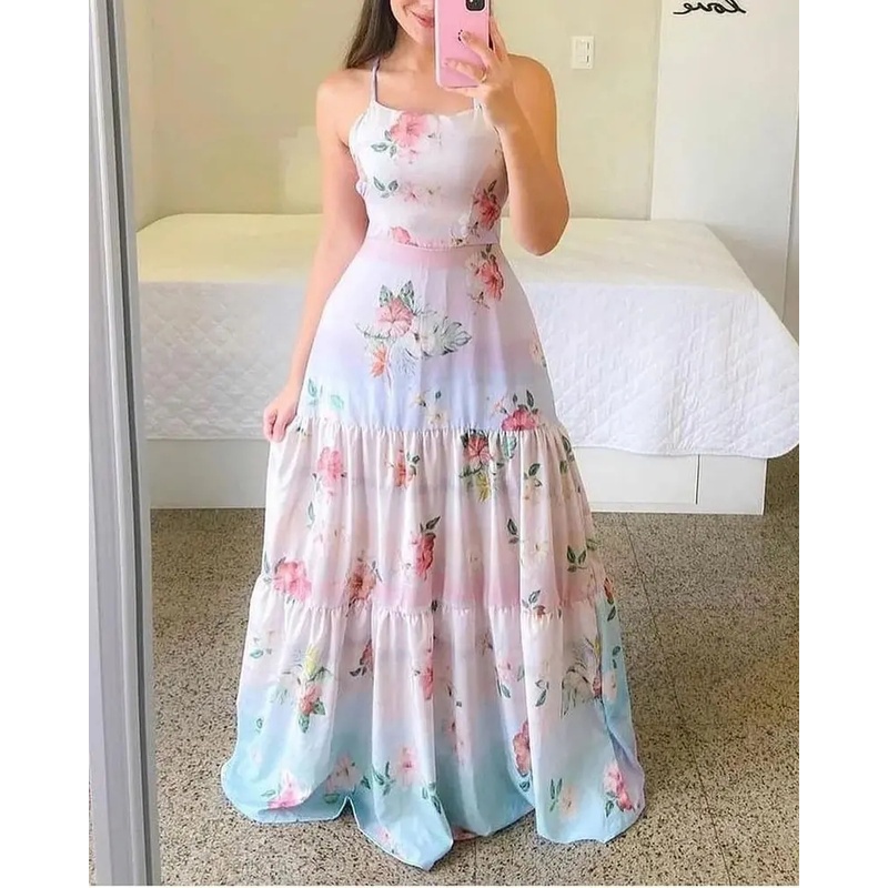 Floral Print Ombre Cami Maxi Dress渐变色印花吊带长款连衣裙