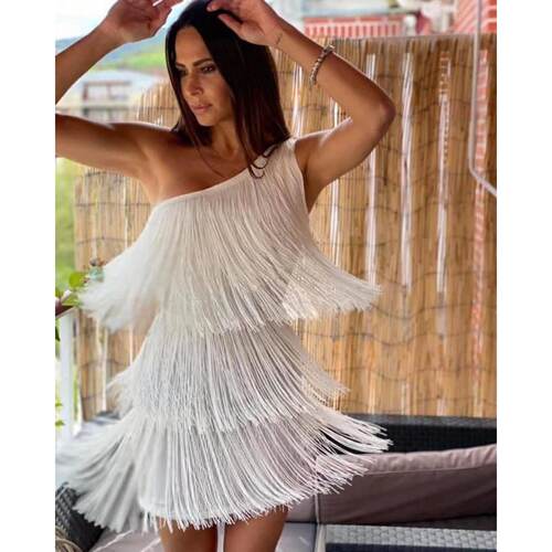 流苏不对称礼服斜领连衣裙 Fashion Tassel Asymmetrical Dress