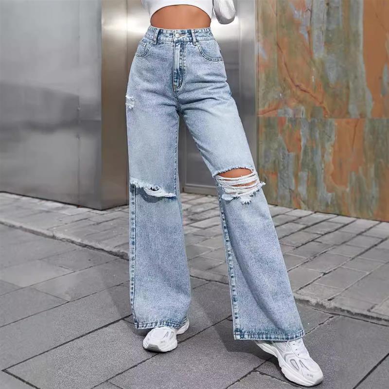 Women's Stylish High-Waisted Wide-Leg Ripped Jeans时尚阔腿裤