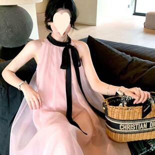 新款 甜美生日海边度假裙子 法式 温柔风ins宽松系带连衣裙高级无袖