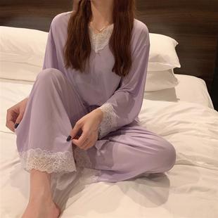 家居服两件套 女神冰丝套装 女夏季 v领蕾丝花边睡衣长袖 长裤