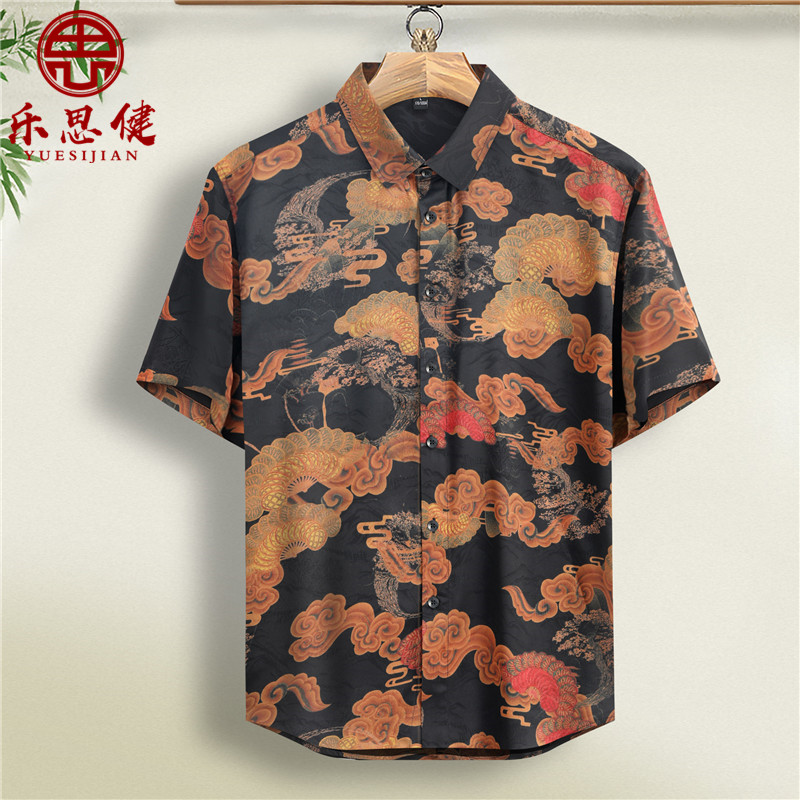 中年男士衬衫夏季中老年人冰丝短袖衬衣有口袋爸爸夏装宽松上衣服