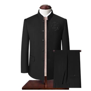 中山装男青年套装刺绣修身中华立领西服中国风新郎中式结婚礼宴会