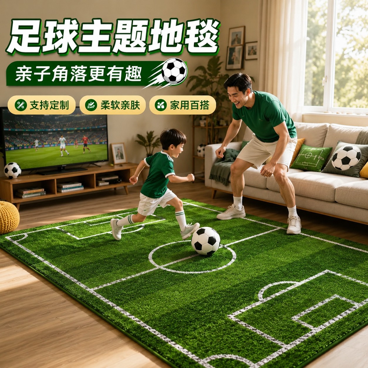 定制亲子世界足球杯主题地毯家用客厅茶几地垫绿茵球场垫球迷用品