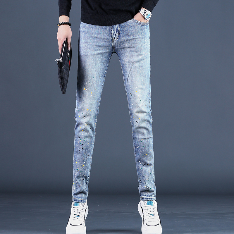 高端时尚手绘牛仔裤男款秋季2025新款百搭修身蓝色裤子潮流男士潮