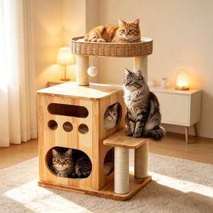 实木猫爬架猫窝猫树一体不占地猫抓板藤编太空舱剑麻球大型猫玩具