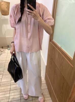 THIRTEEN 拾叁韩系圆领蕾丝拼接褶皱衬衫温柔甜美显瘦减龄小衫女