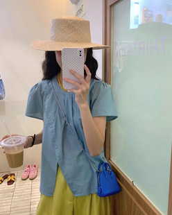 拾叁thirteen 拾叁韩系圆领压褶斜扣后背系带短袖小衫甜美上衣