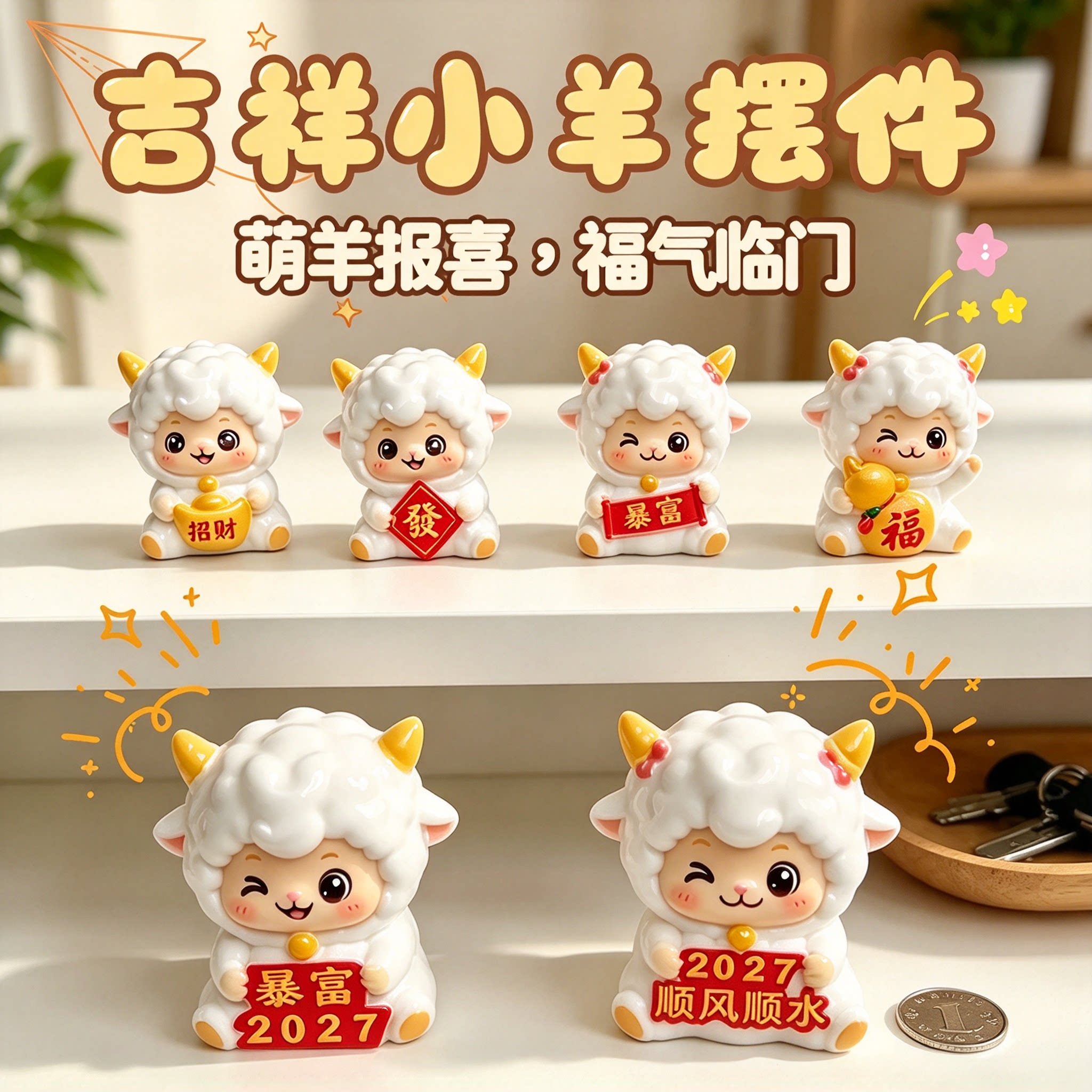 生肖羊年吉祥物创意可爱开运萌羊摆件客厅办公桌面装饰招财伴手礼