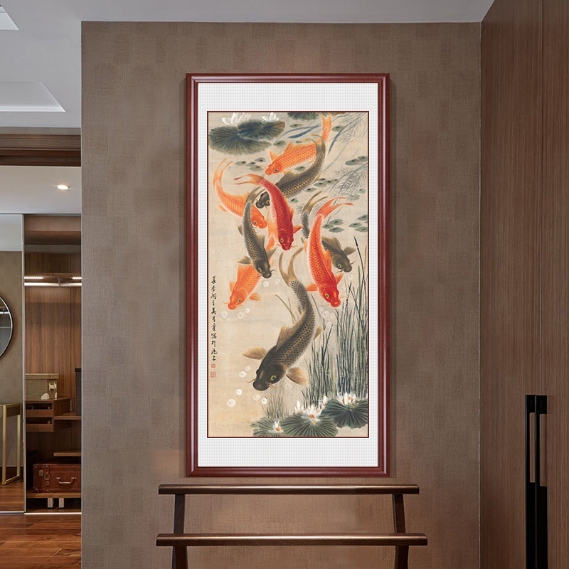 九鱼图国画锦鲤墙画中式玄关装饰画竖版墙画进门入户走廊过道壁画_虎窝淘
