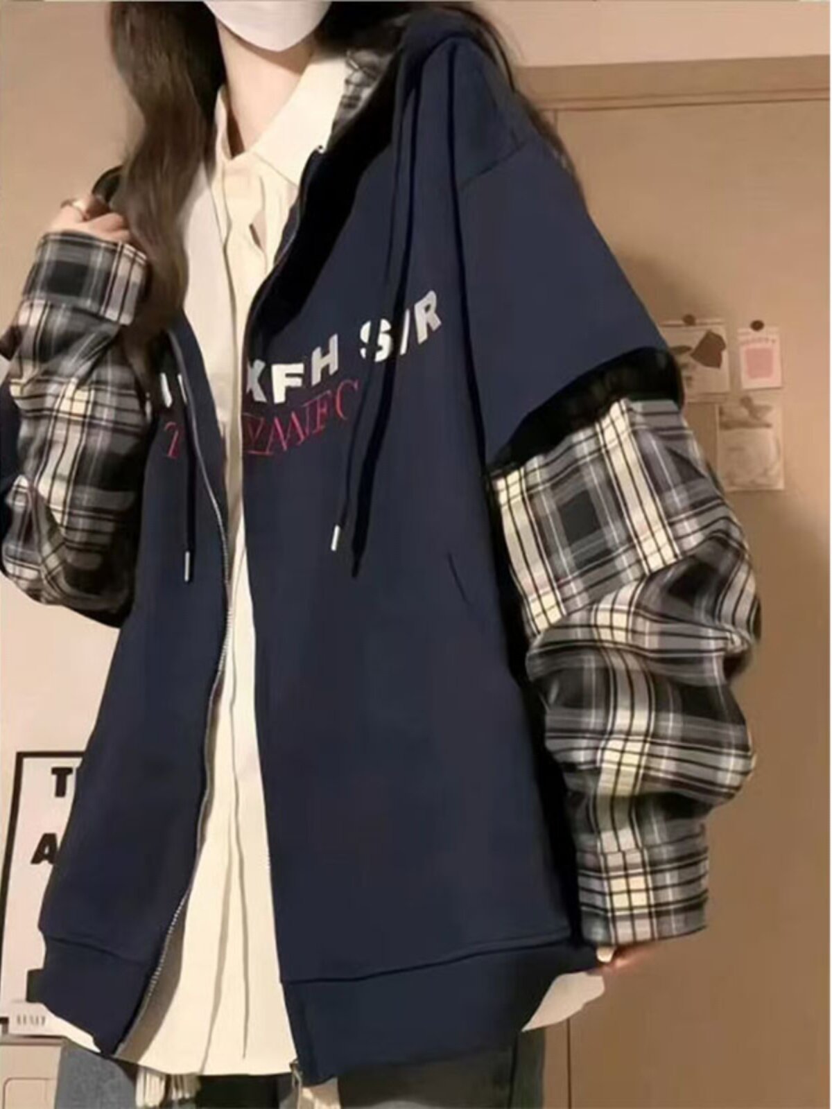 假两件拼接格子连帽卫衣女春秋薄款设计感小众宽松慵懒风情侣外套