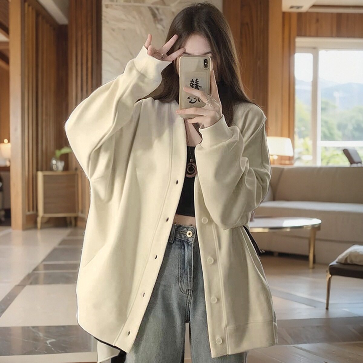 韩系开衫外套卫衣女秋冬休闲慵懒风长款棒球服2025新款加厚外搭