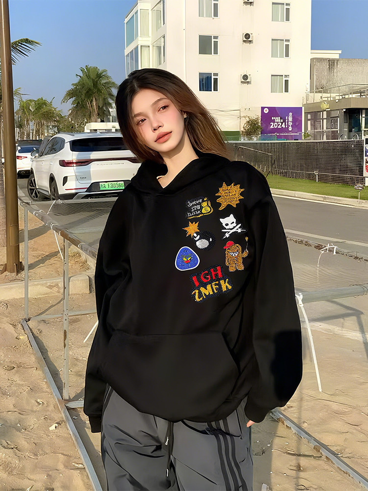 美式高街刺绣连帽卫衣女秋季薄款宽松潮牌oversize外套覆古高级感