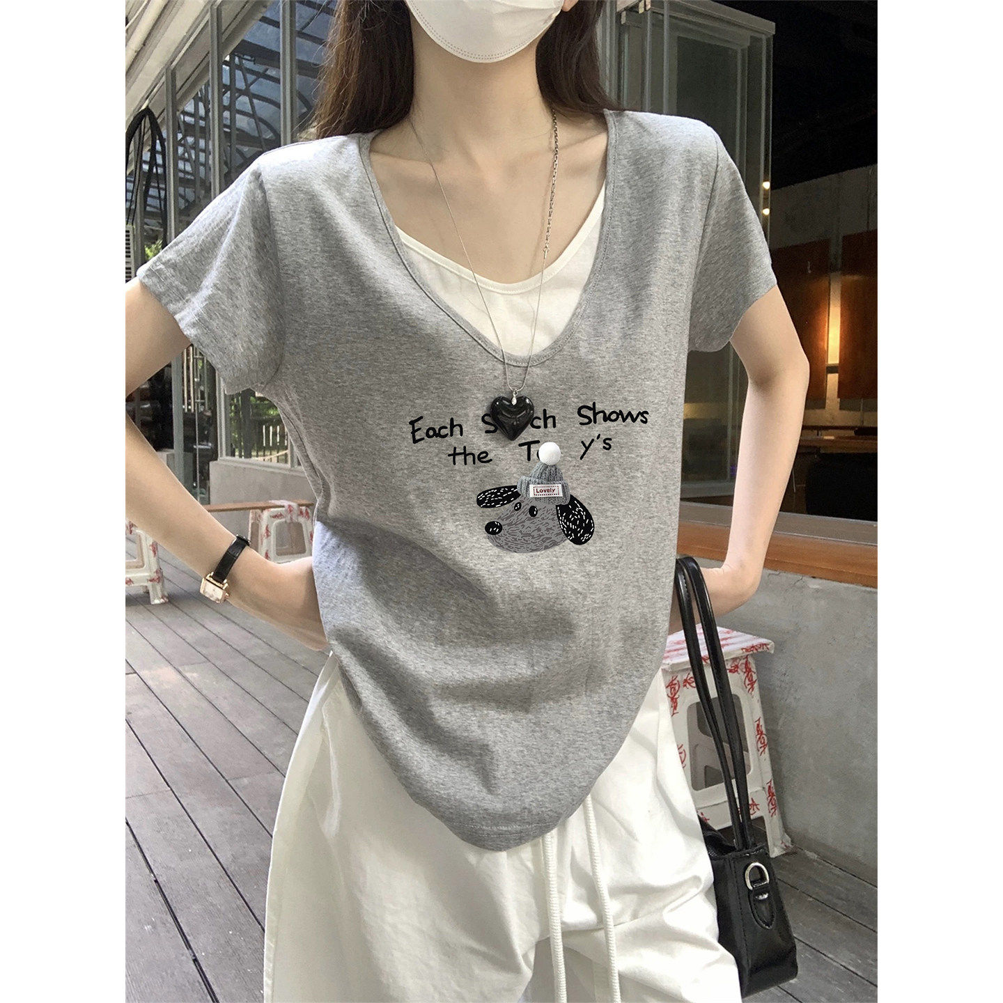 2026夏季新款假两件V领纯棉正肩短袖t恤女韩版减龄显瘦灰色上衣潮