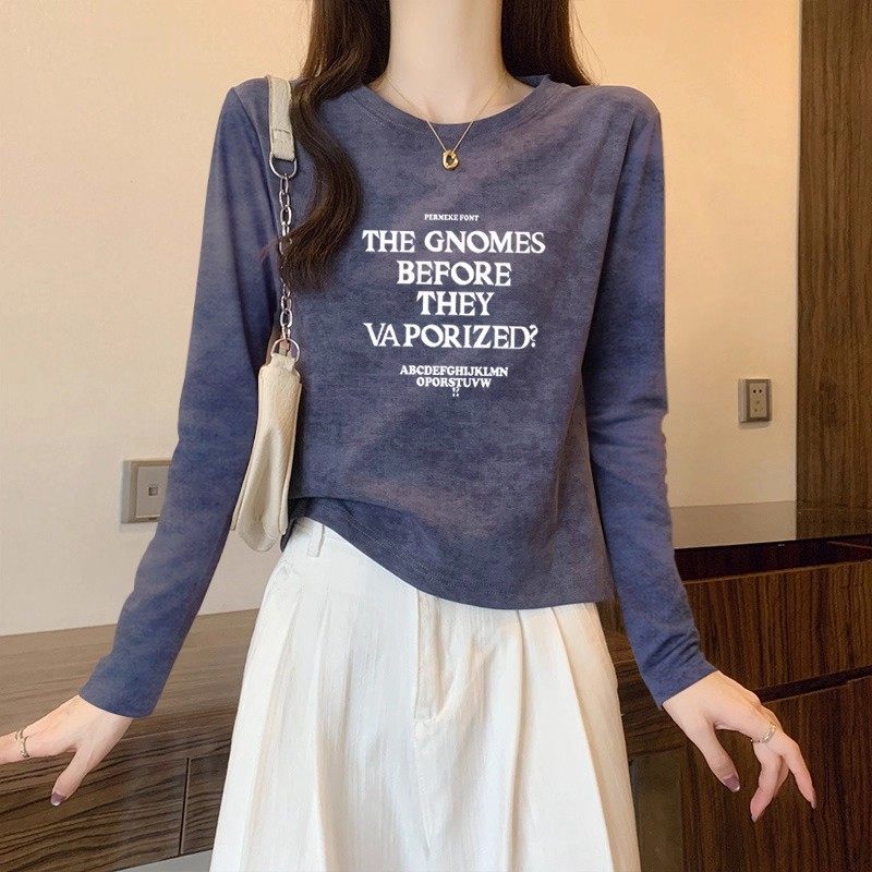 2026新款正肩扎染T恤女春秋季设计感小众纯棉洋派长袖内搭衣上衣