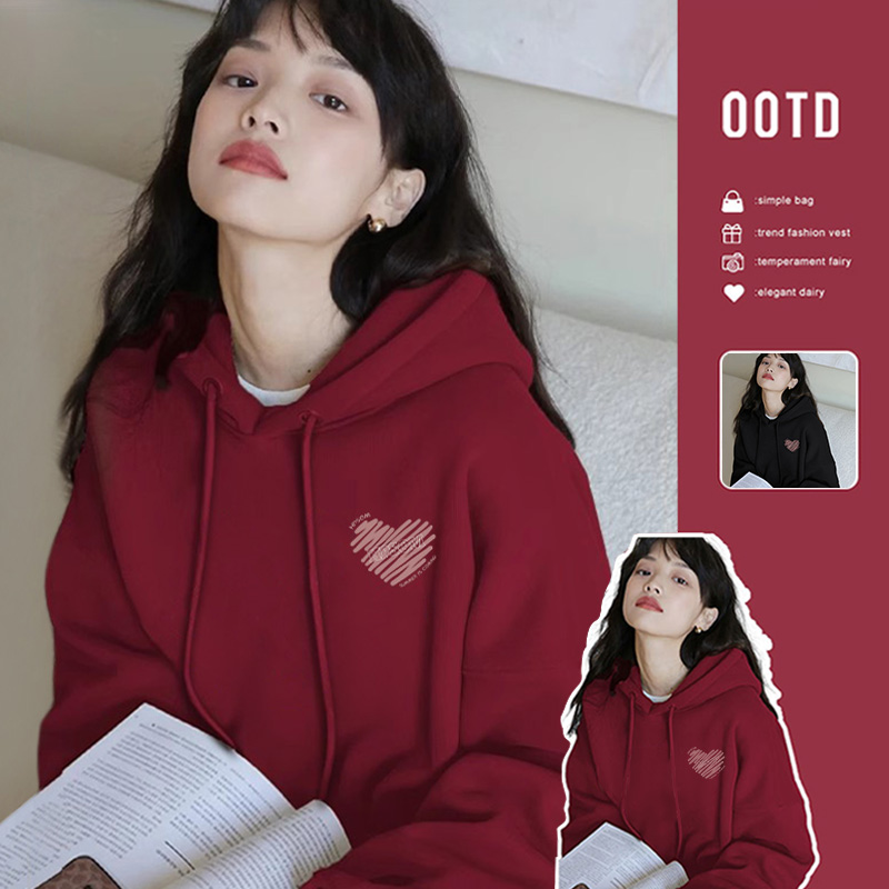 枣红色连帽卫衣女2025秋冬季加绒时尚潮流牌过年加绒加厚上衣外套