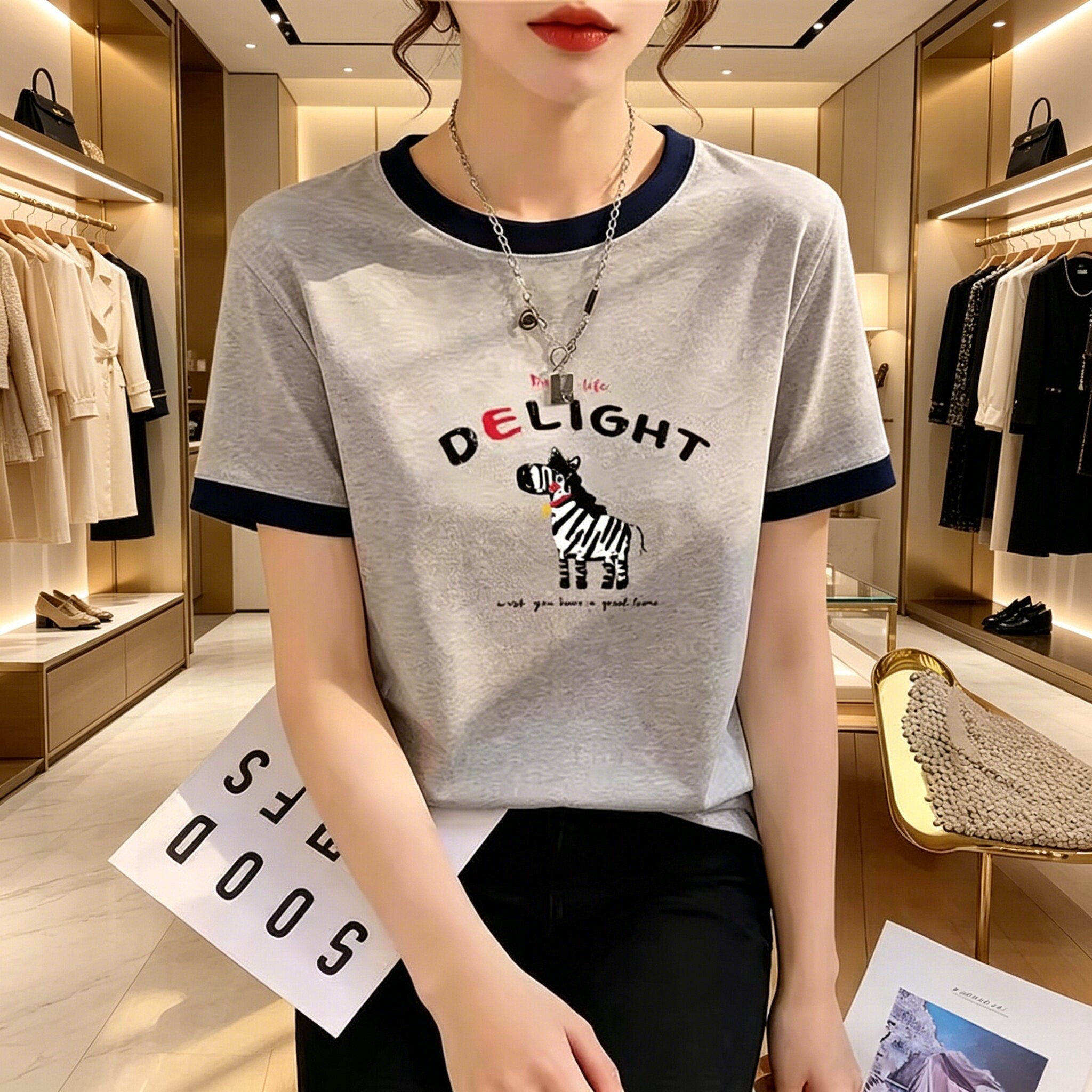纯棉正肩拼色圆领短袖T恤女设计感时尚百搭浅花灰色上衣2026夏季