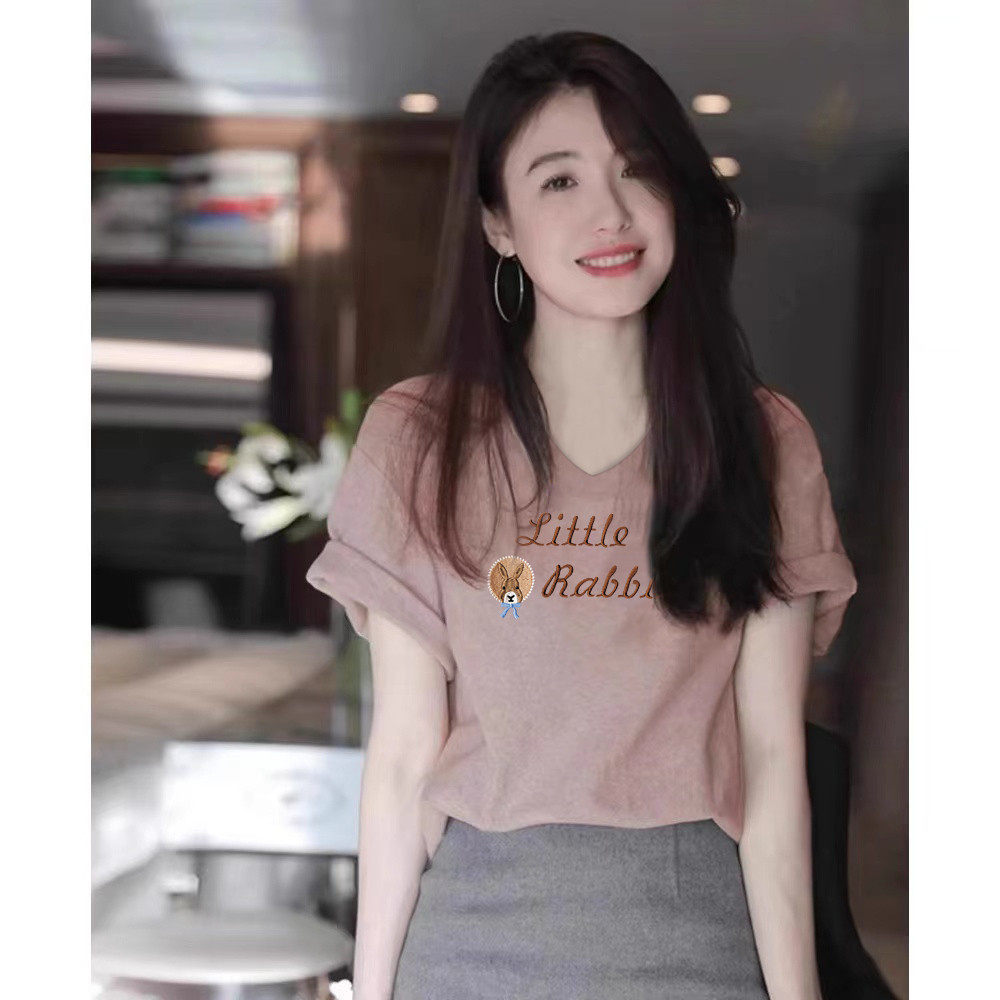 欧货2026夏装新款薄款粉色短袖t恤女宽松显瘦纯棉V领大尺码时尚上