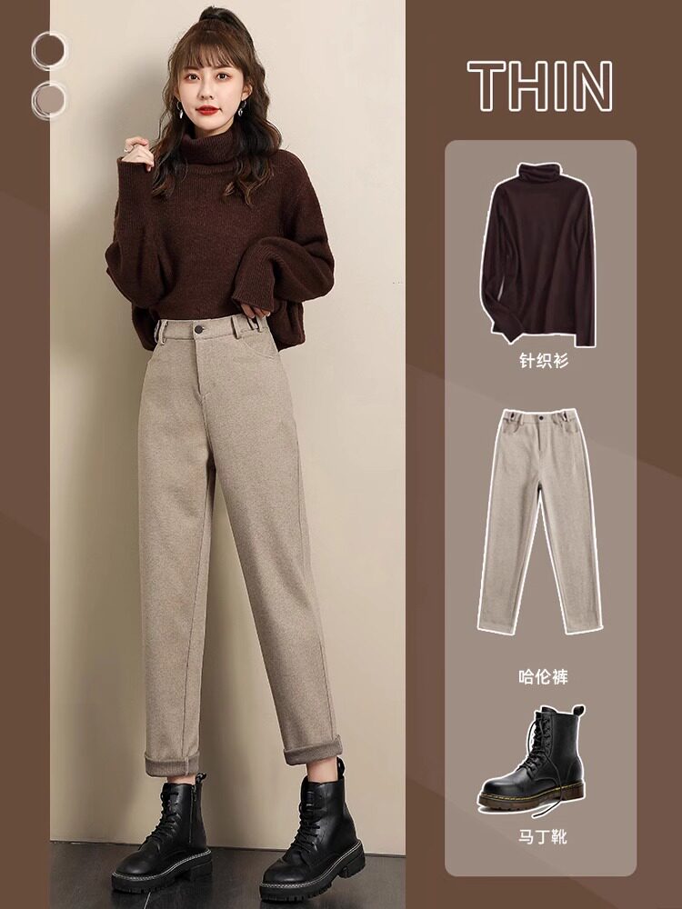 加绒毛呢哈伦裤子女2025秋冬高腰直筒西装裤小个子加厚萝卜烟管裤