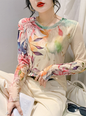 2026秋冬新款欧货圆领T恤女长袖时尚印花网纱上衣洋气百搭打底衫