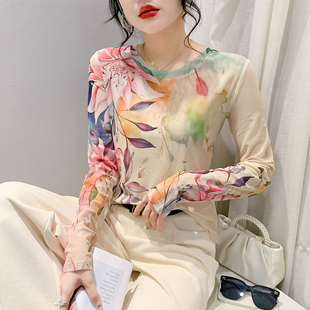 印花网纱上衣洋气百搭打底衫 时尚 欧货圆领T恤女长袖 2026秋冬新款