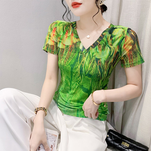 时尚印花短袖修身显瘦网纱上衣女