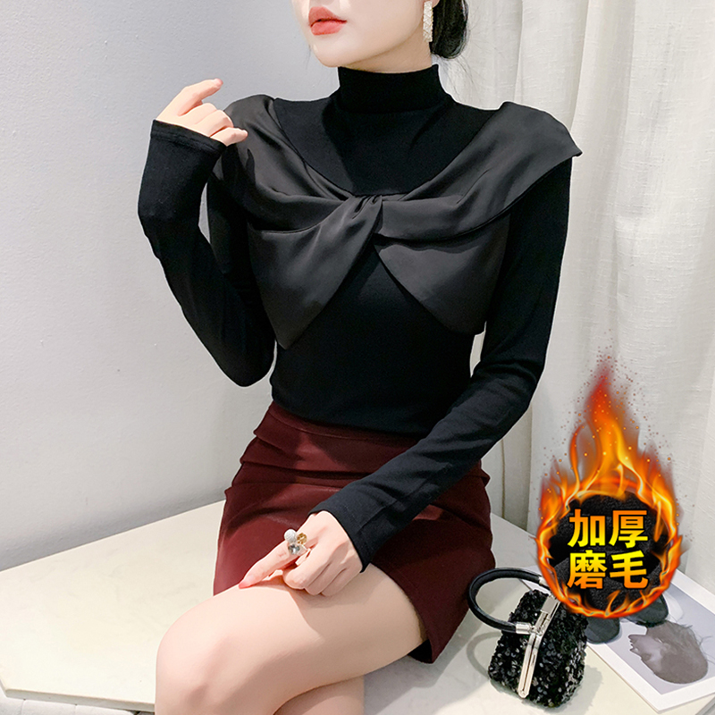加厚磨毛打底衫女长袖蝴蝶结上衣