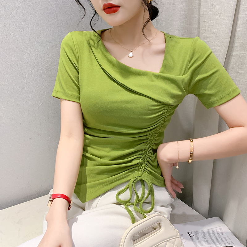性感斜领抽绳设计感不规则上衣女
