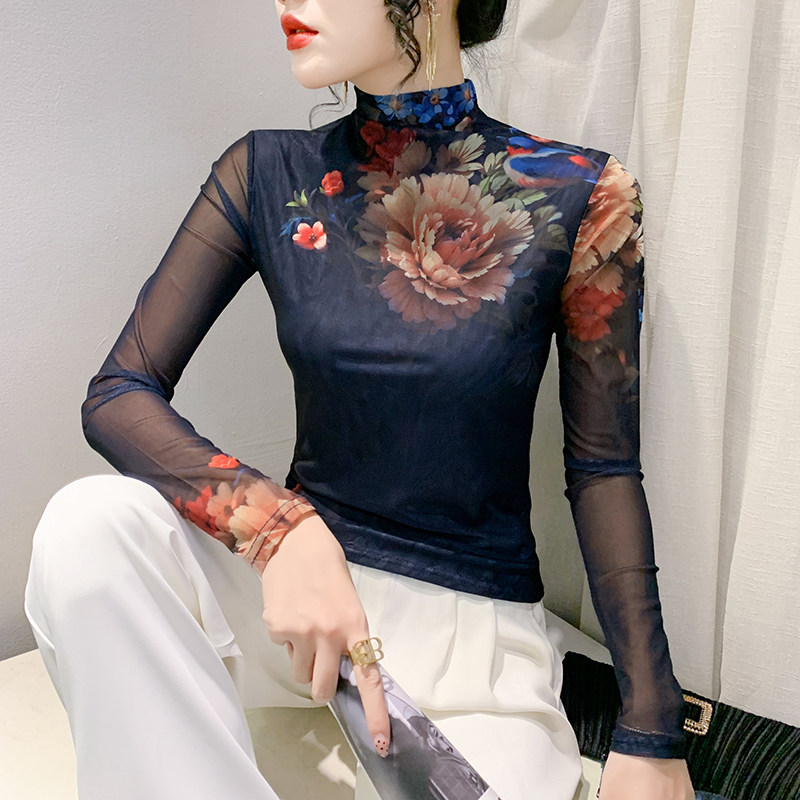 欧货高领打底衫女秋冬时尚印花网纱上衣修身内搭长袖T恤洋气小衫,女装/女士精品,T恤,淘宝优惠券,粉丝福利购,淘宝优惠卷