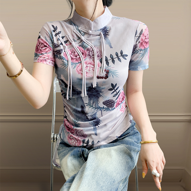 印花网纱短袖高级设计感盘扣上衣