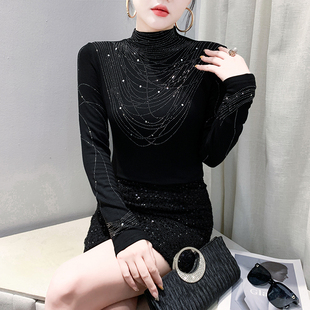 t恤紧身内搭上衣洋气小衫 加绒加厚高领打底衫 女秋冬欧货烫钻长袖