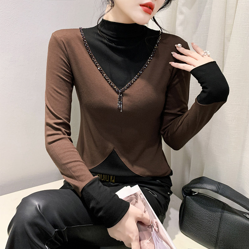 加厚磨毛打底衫女秋冬欧货设计感钉珠上衣洋气百搭半高领长袖T恤