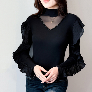 加厚磨毛打底衫 t恤 女秋冬设计感网纱拼接荷叶边上衣洋气内搭长袖