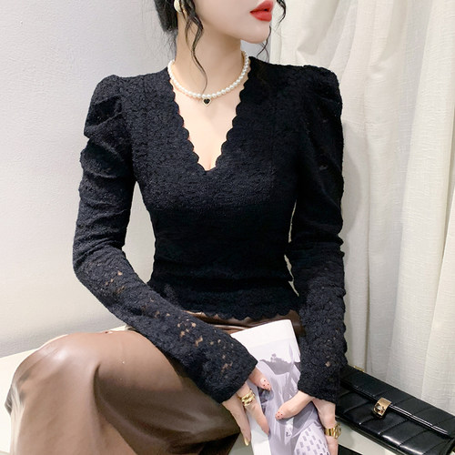 植绒蕾丝打底衫长袖紧身内搭上衣