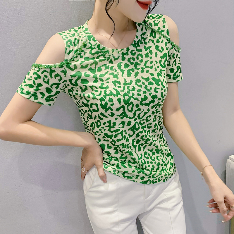 欧货时尚豹纹网纱短袖女夏季设计感重工钉珠上衣性感露肩t恤小衫
