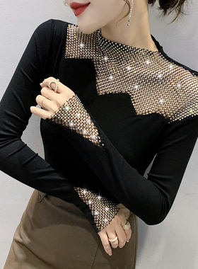 性感长袖T恤女装气质欧货烫钻上衣洋气修身百搭加绒打底衫女秋冬