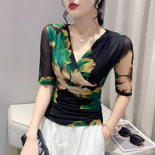 时尚印花网纱中袖性感洋气上衣女