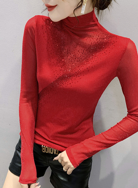 高领蕾丝打底衫女秋冬2026新款洋气烫钻网纱长袖T恤内搭气质上衣