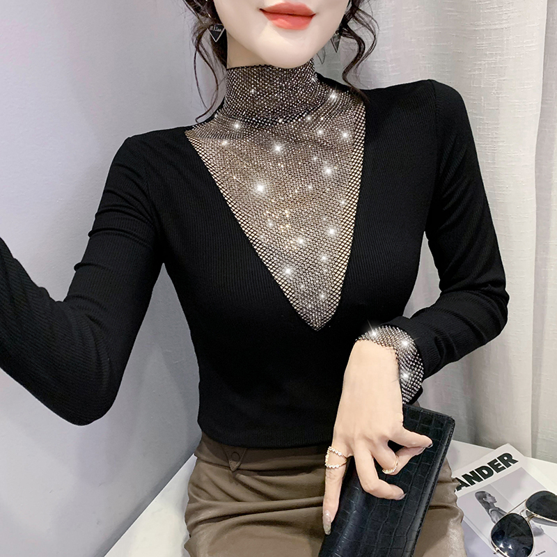 性感镂空烫钻打底衫长袖内搭上衣