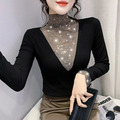 烫钻长袖 加绒打底衫 女秋冬欧货洋气修身 T恤黑色性感镂空内搭上衣