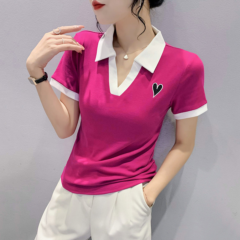 polo衫女2024夏季新款时尚撞色v领t恤女短袖修身百搭半袖体恤上衣