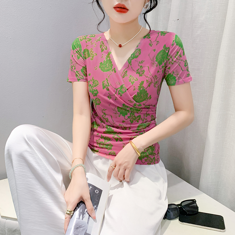 时尚印花短袖性感交叉网纱上衣女