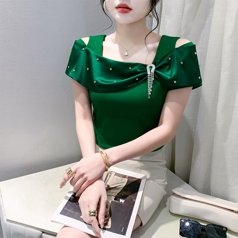 性感露肩短袖设计感蝴蝶结上衣女