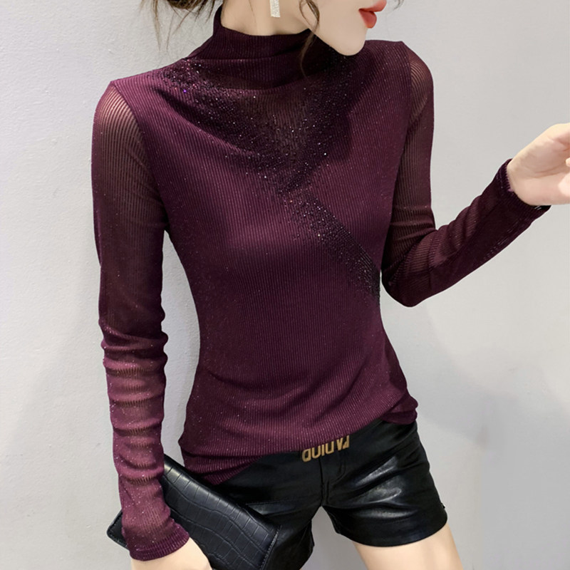 半高领加绒蕾丝打底衫女秋冬欧货洋气质网纱长袖T恤紧身内搭上衣,女装/女士精品,T恤,淘宝优惠券,粉丝福利购,淘宝优惠卷