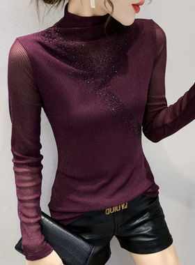 半高领加绒蕾丝打底衫女秋冬欧货洋气质网纱长袖T恤紧身内搭上衣