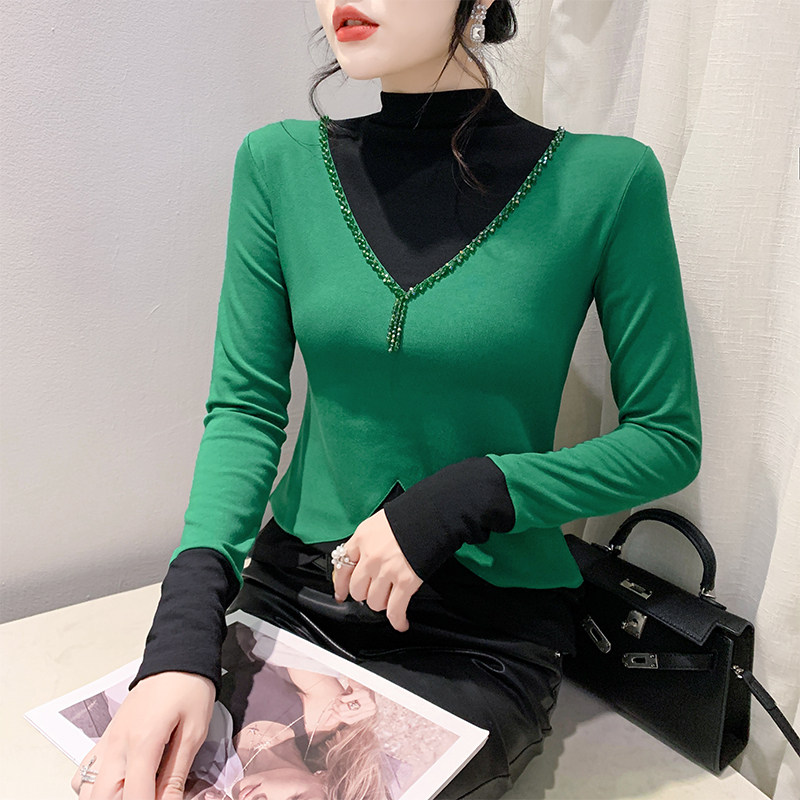 加厚磨毛打底衫女秋冬欧货洋气设计感钉珠上衣半高领内搭长袖T恤