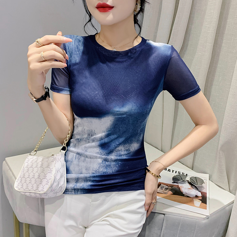 欧货扎染网纱短袖女夏季2023新款时尚洋气印花圆领上衣半袖小衫潮