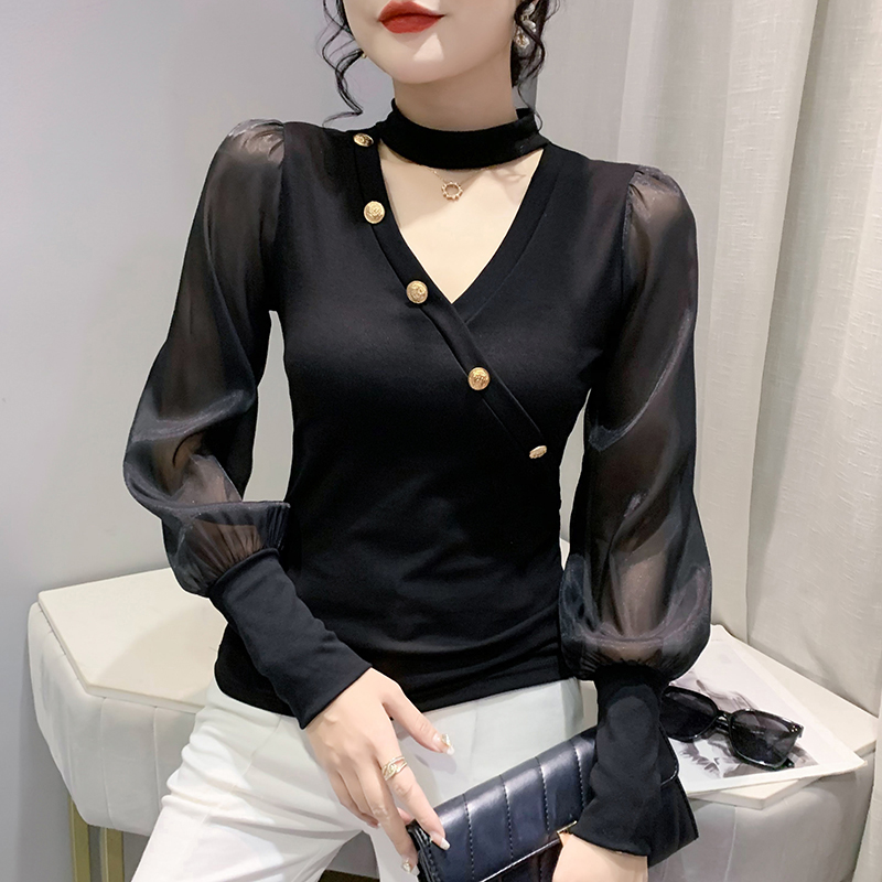 性感网纱拼接泡泡袖打底衫女长袖