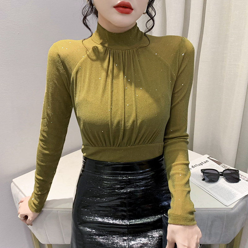 性感网纱打底衫长袖时尚褶皱上衣
